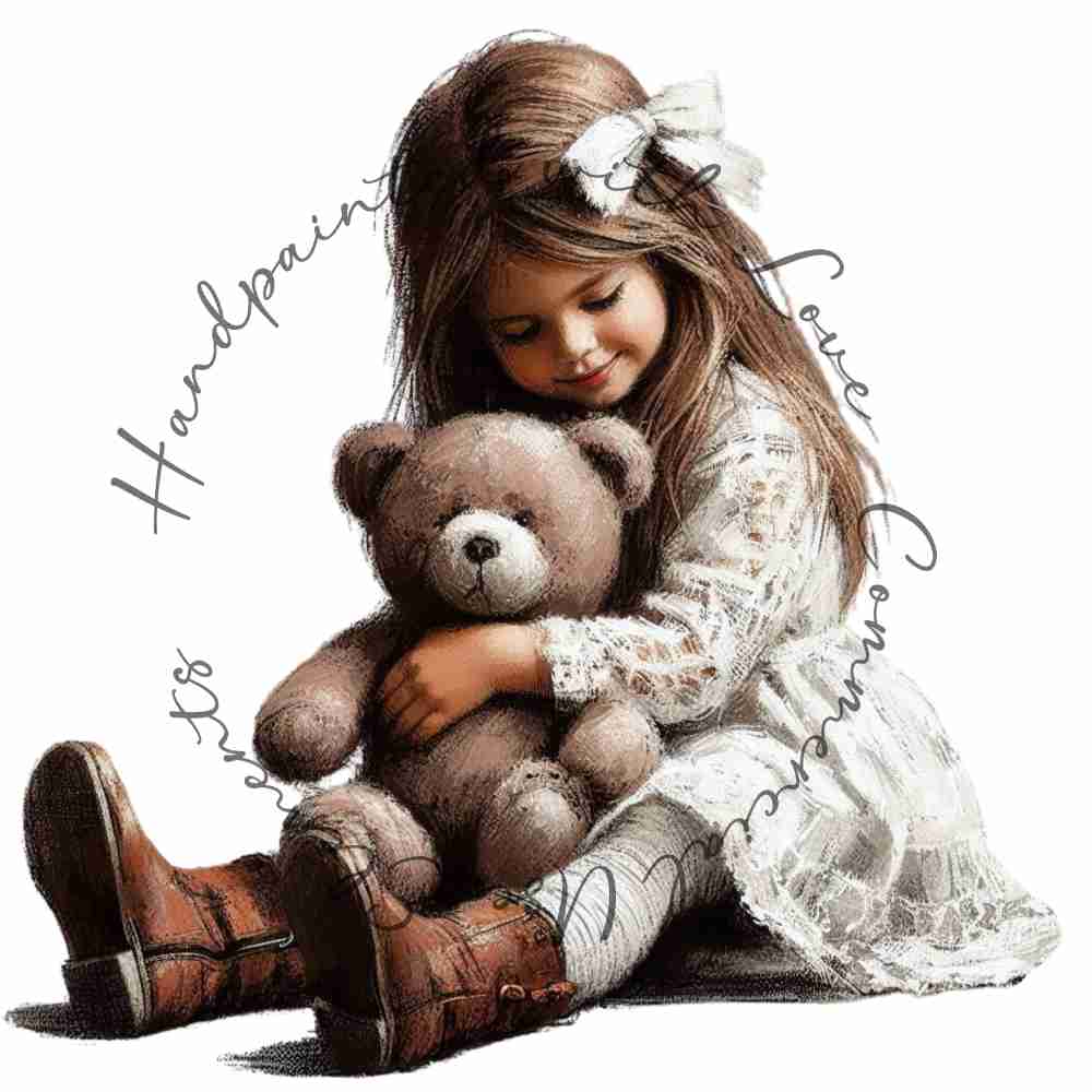 HANDPAINTED WITH LOVE COMMERCIAL USE ELEMENTS - BRUNETTE HAIRED GIRL WITH TEDDY BEAR