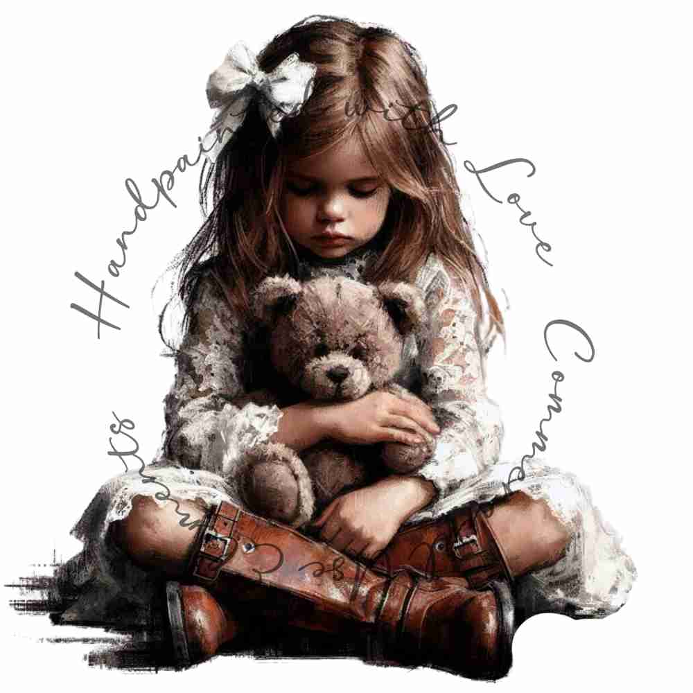 HANDPAINTED WITH LOVE COMMERCIAL USE ELEMENTS - BRUNETTE HAIRED GIRL WITH TEDDY BEAR