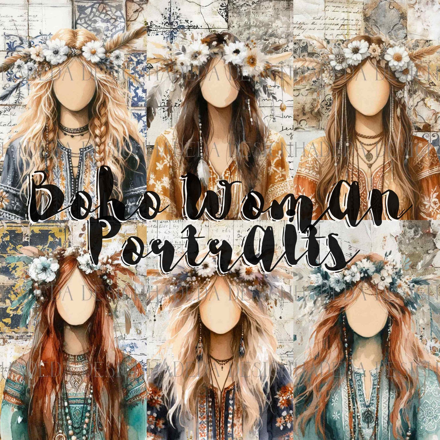 Boho Woman A0 Portrait Digital Designs for Sublimation, Canvas, Scrapbooking Paper, Journaling, Mixed Media