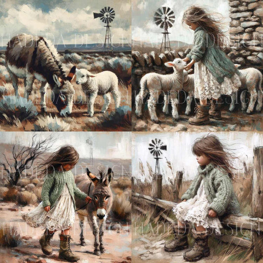 Karoo Donkey, Sheep and Girl Art Block Digital Designs for Sublimation, Canvas, Scrapbooking Paper, Journaling, Mixed Media