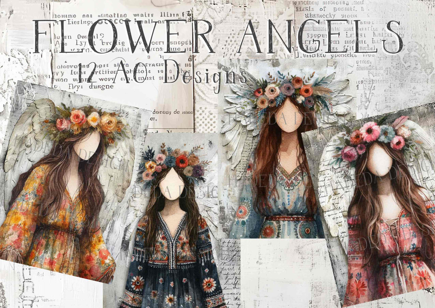 Flower Angels Portrait Digital Designs for Sublimation, Canvas, Scrapbooking Paper, Journaling, Mixed Media