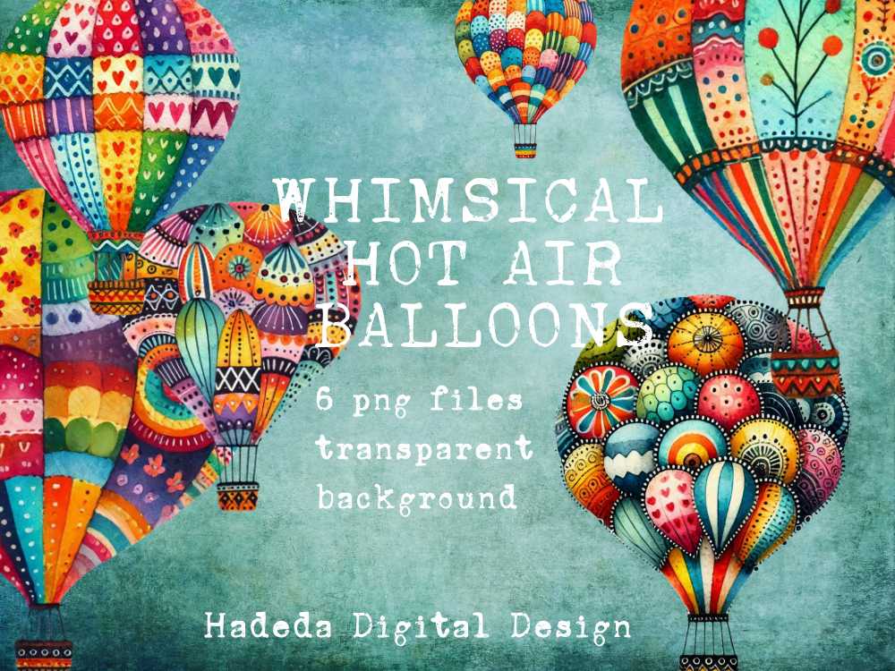 #2025 Whimsical Hot Air Balloon Pngs with Transparent Backgrounds  -  Digital Design Elements for Sublimation, DTF and Printing